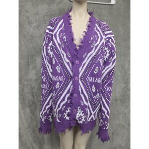 VALABASAS Cardigan Sweater Womens‎ L Purple Paisley Fringe Bandana Knit Graphic